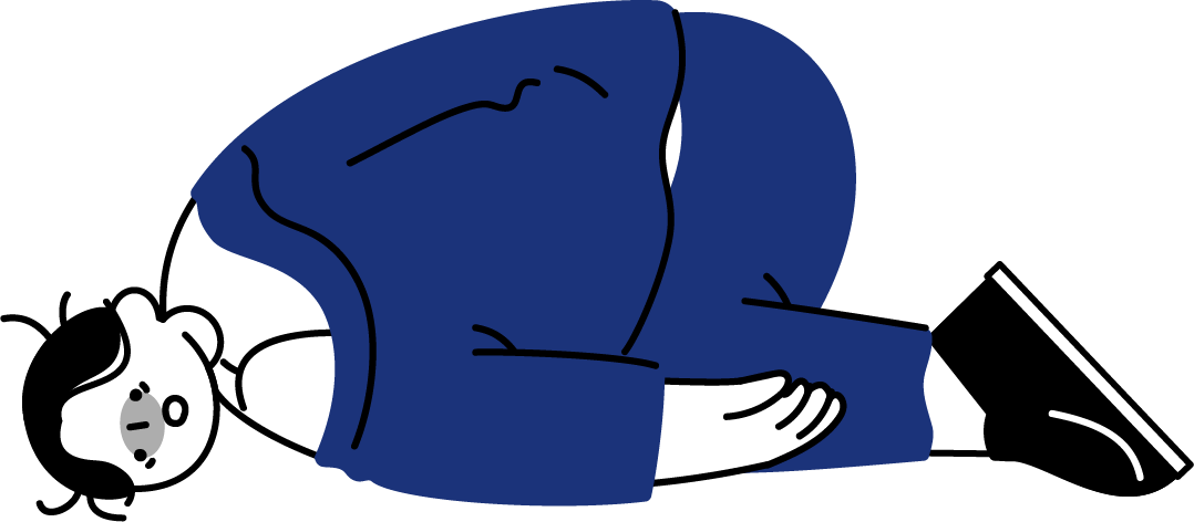 疲れ果てて倒れ込む新卒男性のフリーイラスト（シンプル配色・商用可）
