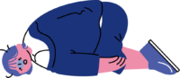 疲れ果てて倒れ込む新卒女性のフリーイラスト（カラフル配色・商用可）