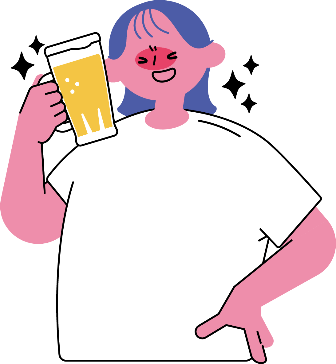 ビールを飲んで至福の表情の女性のフリーイラスト（カラフル配色・商用可）