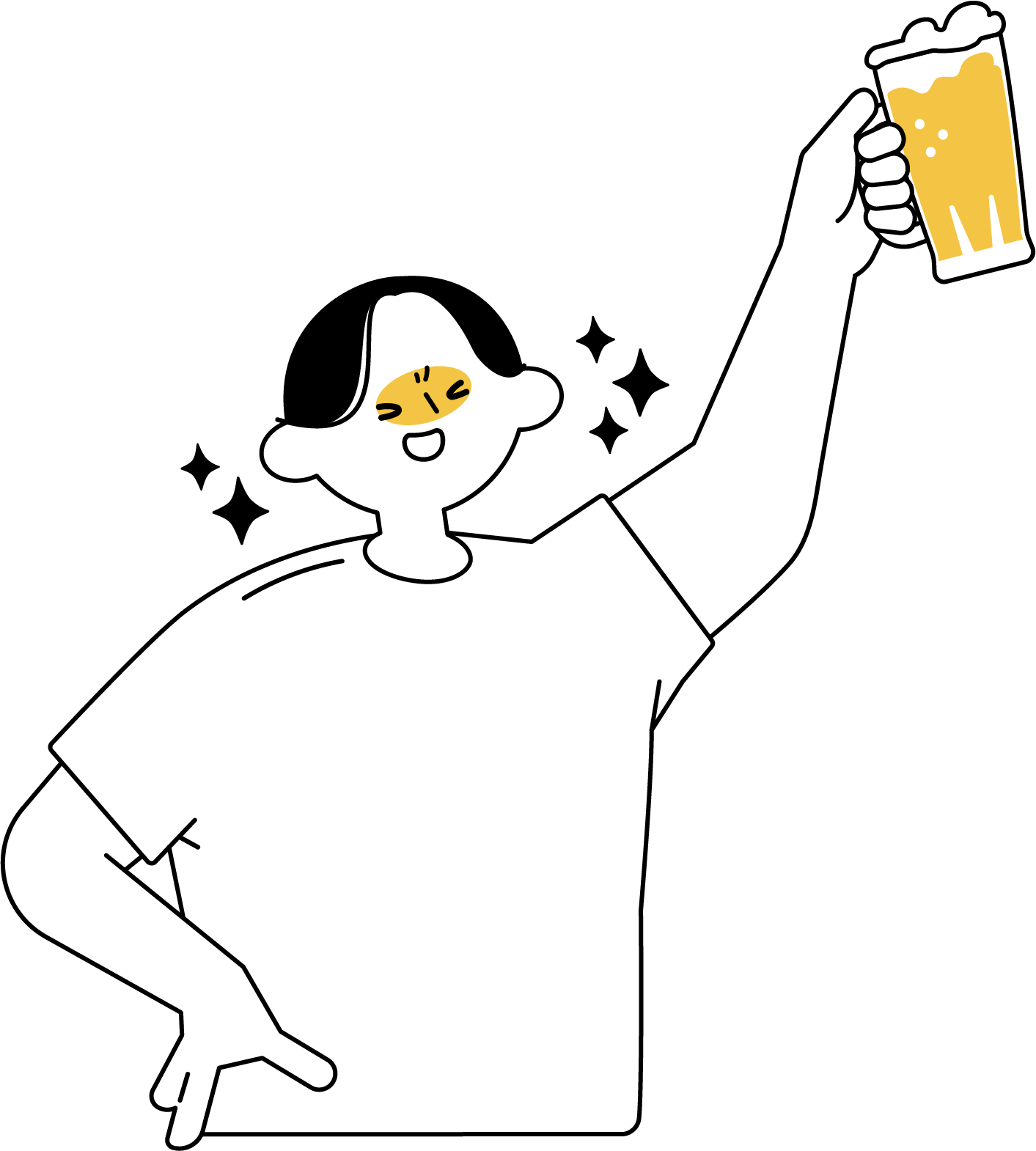 ビールを高く掲げて乾杯する男性