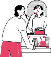 洗面台の鏡の前でメイクをする女性のフリーイラスト（シンプル配色・商用可）