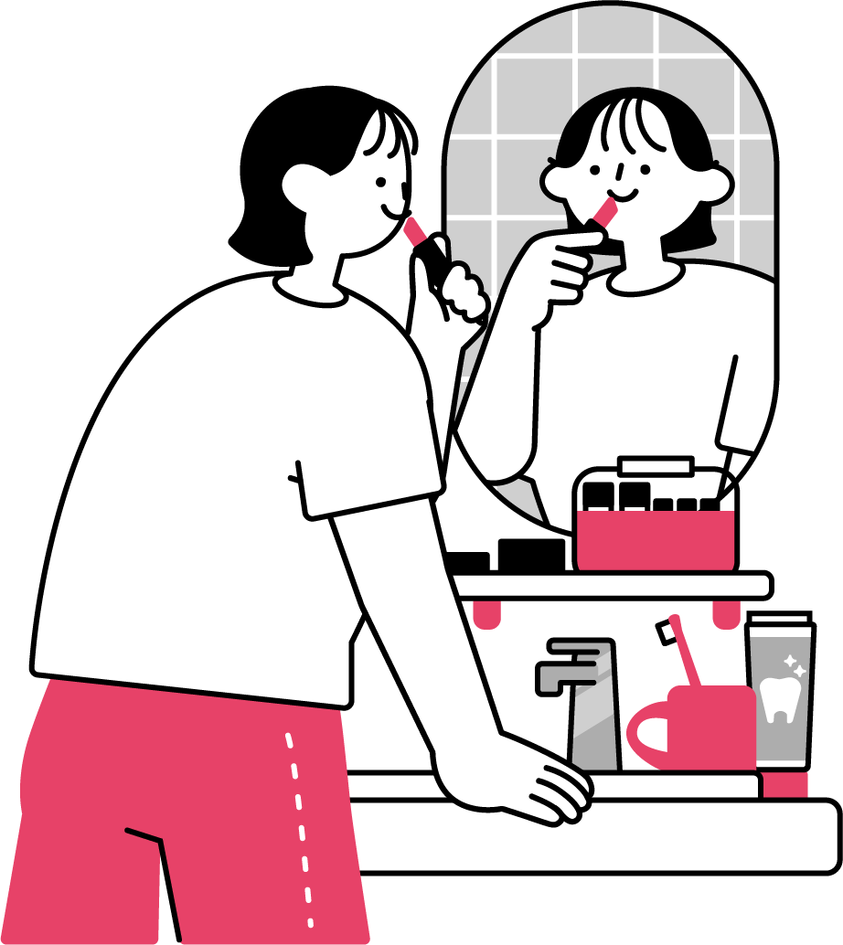 洗面台の鏡の前でメイクをする女性のフリーイラスト（シンプル配色・商用可）