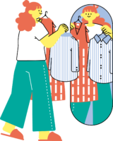 自宅で洋服を選ぶ女性のフリーイラスト（カラフル配色・商用可）