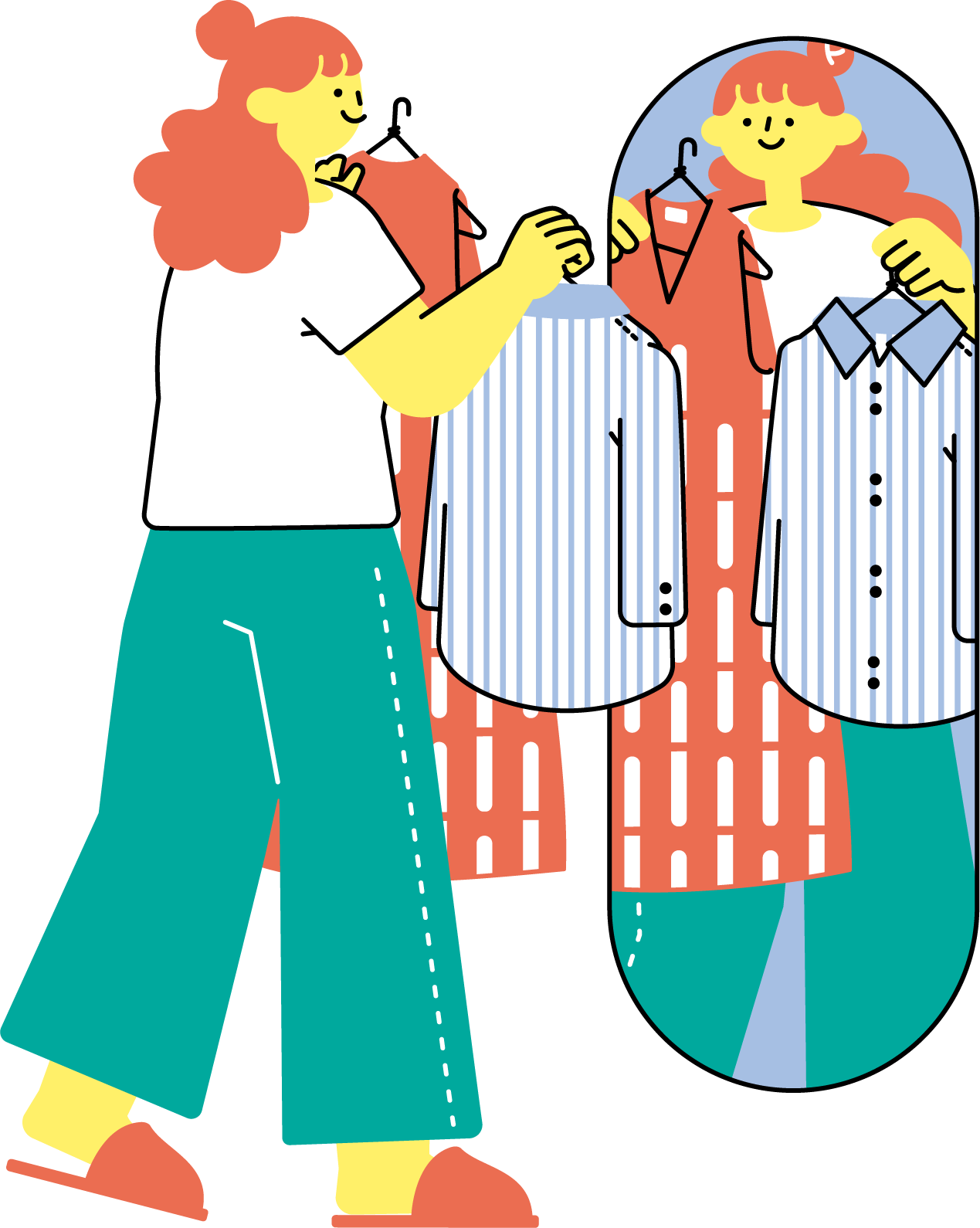 自宅で洋服を選ぶ女性のフリーイラスト（カラフル配色・商用可）