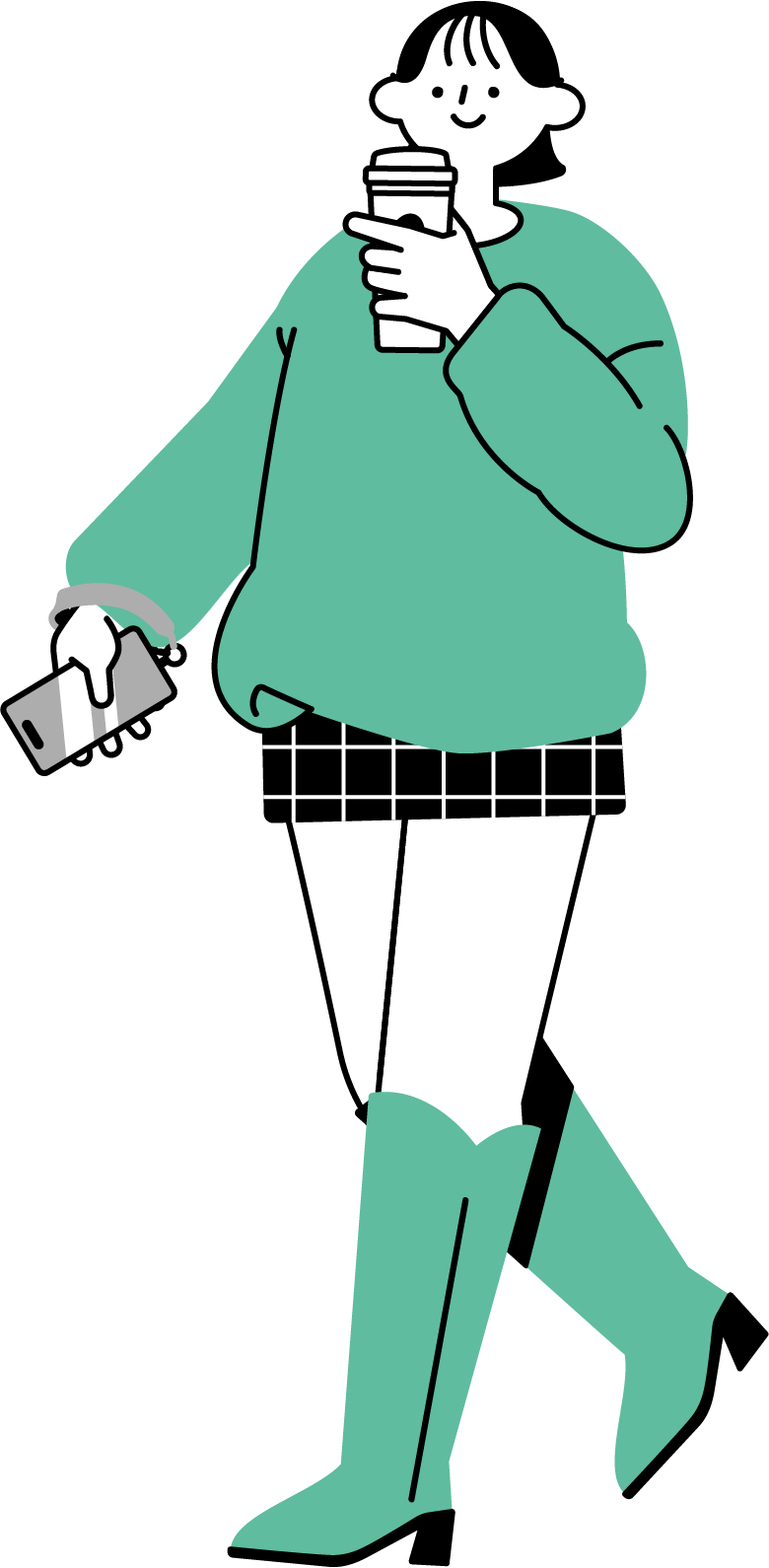 コーヒーを持ってお出かけする女性のフリーイラスト（シンプル配色・商用可）