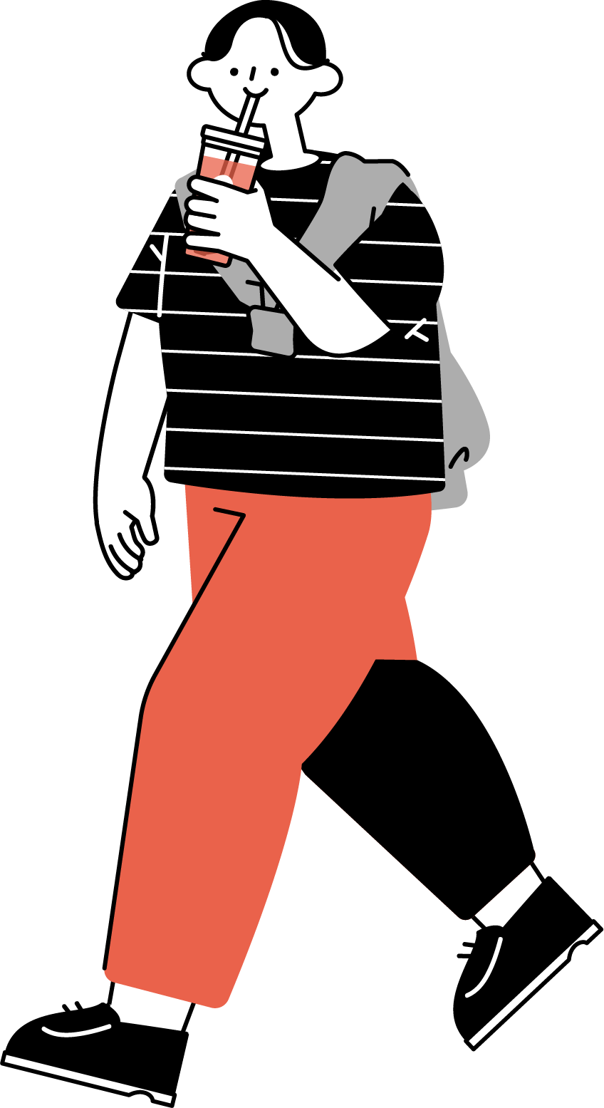 ドリンクを持ってお出かけする男性のフリーイラスト（シンプル配色・商用可）