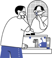 洗面台の鏡の前で髭を剃る男性のフリーイラスト（シンプル配色・商用可）