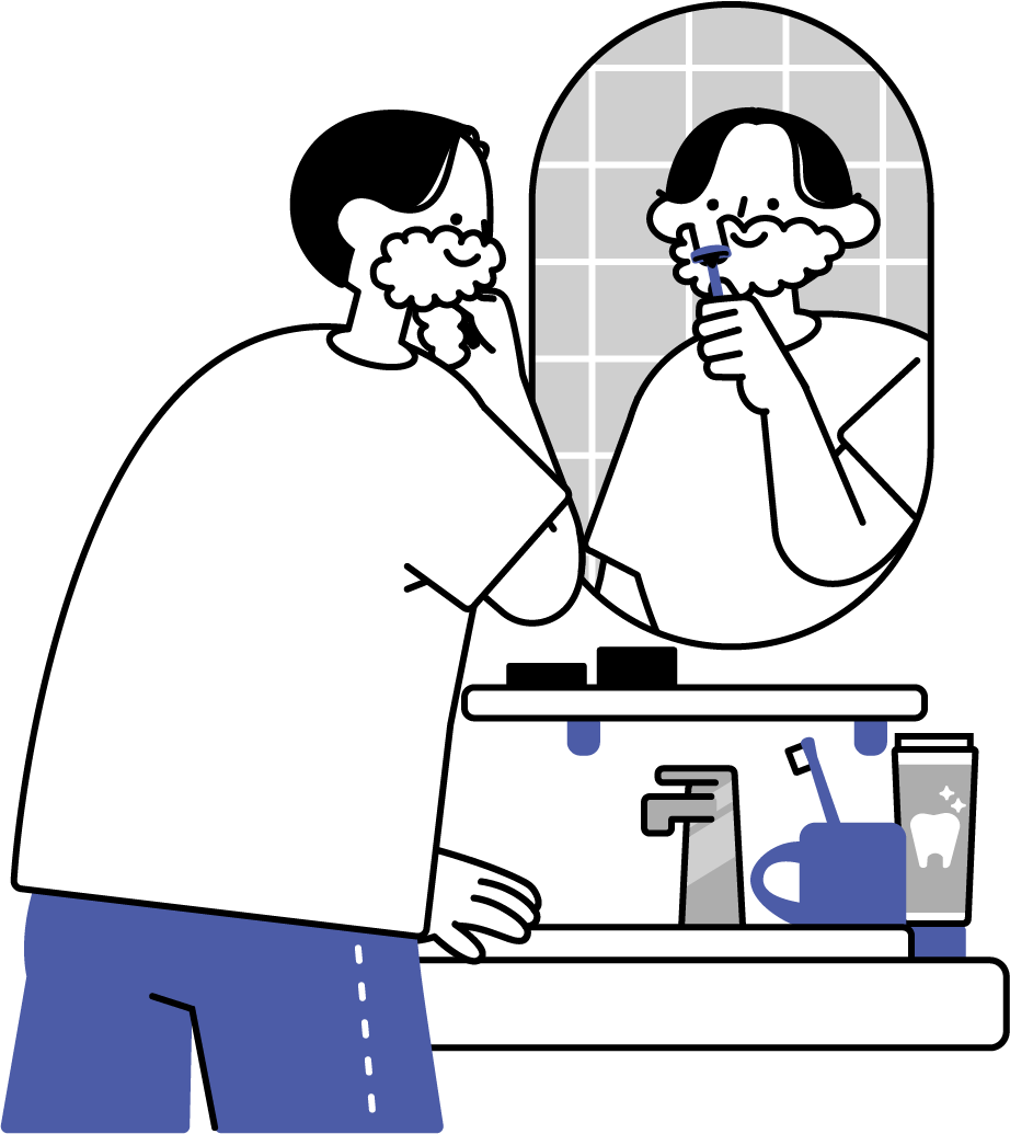 洗面台の鏡の前で髭を剃る男性のフリーイラスト（シンプル配色・商用可）