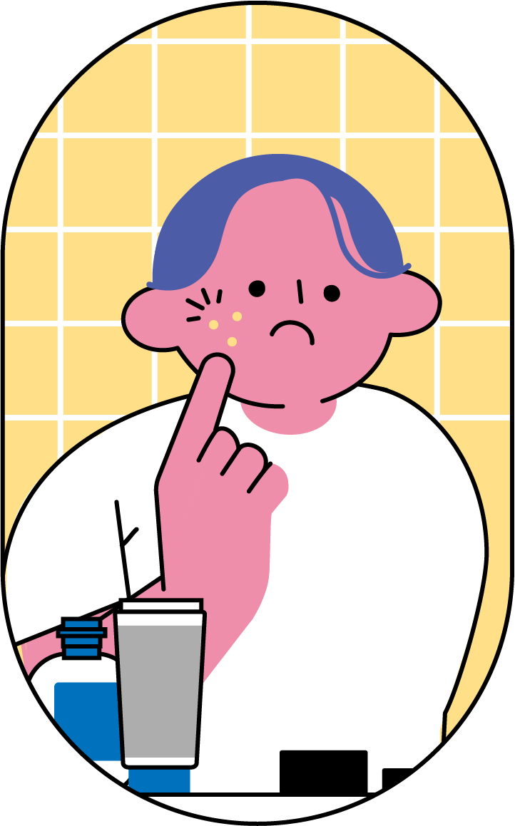 鏡でニキビに気づく男性のフリーイラスト（カラフル配色・商用可）