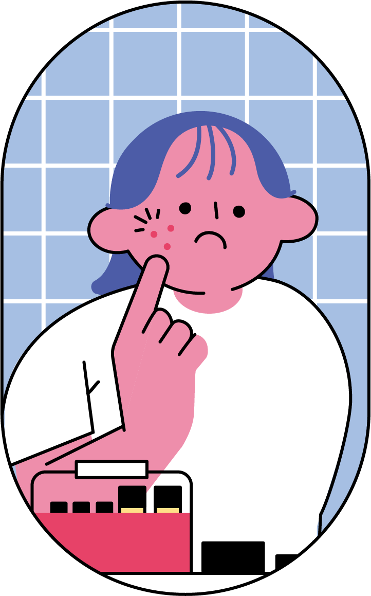 鏡でニキビに気づく女性のフリーイラスト（カラフル配色・商用可）