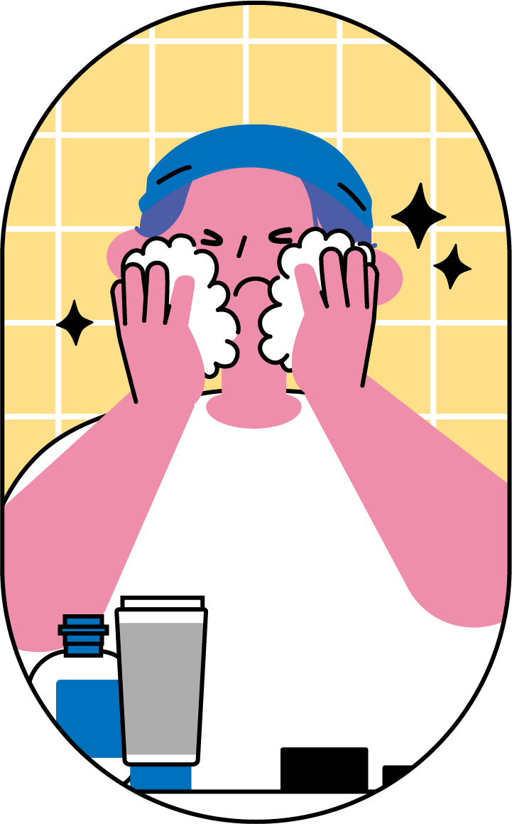 洗顔する男性のフリーイラスト（カラフル配色・商用可）