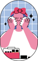 洗顔する女性のフリーイラスト（カラフル配色・商用可）