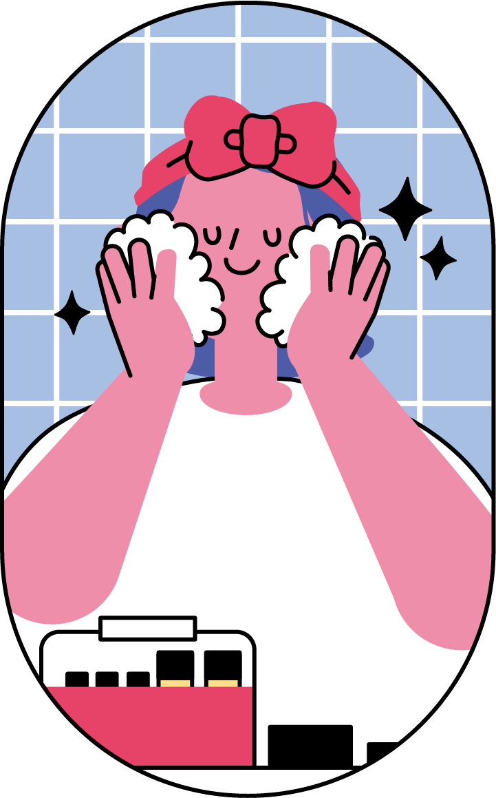 洗顔する女性のフリーイラスト（カラフル配色・商用可）