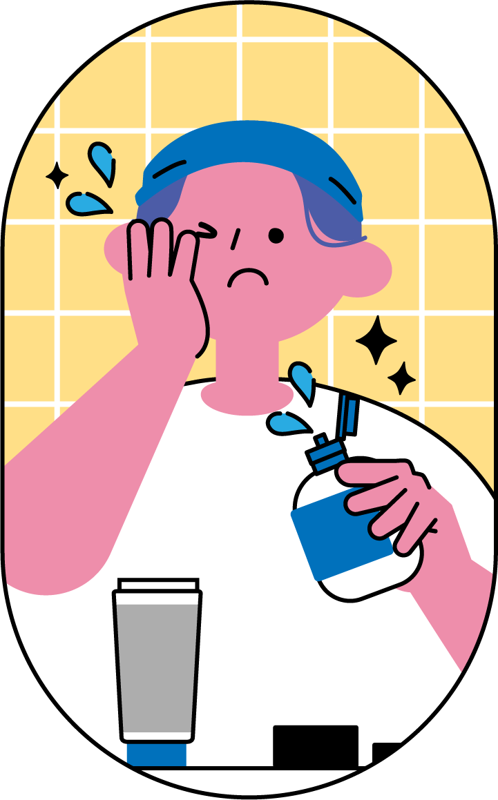 化粧水をつける男性のフリーイラスト（カラフル配色・商用可）