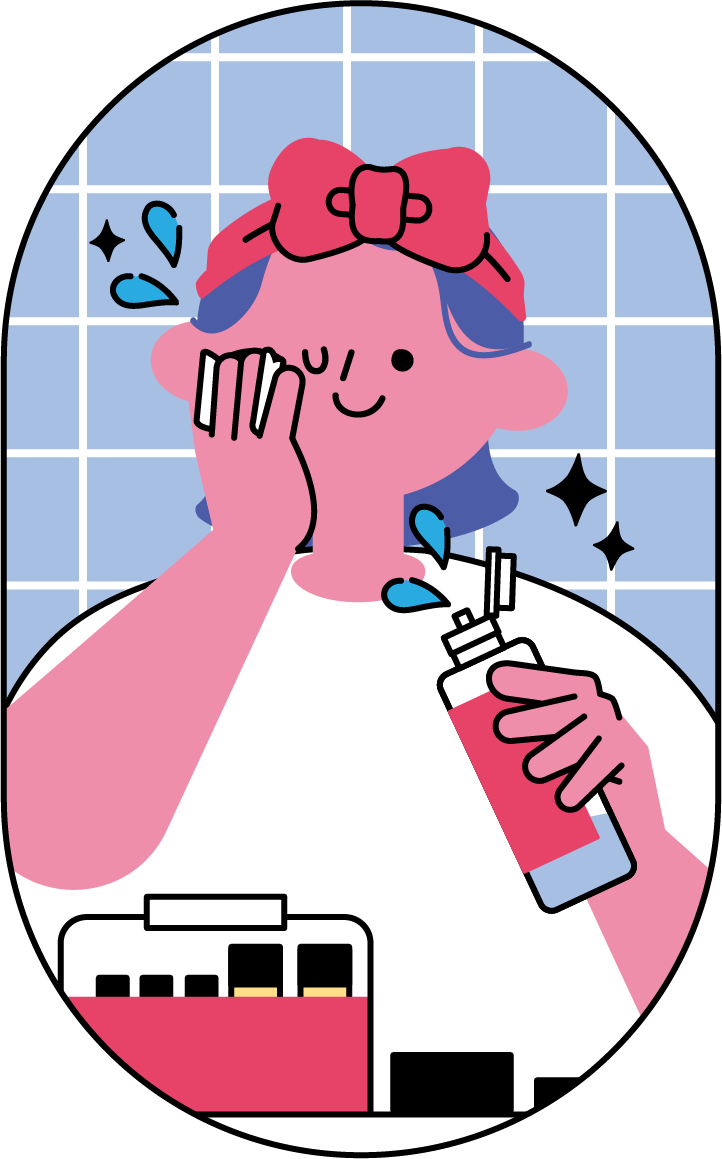化粧水をつける女性のフリーイラスト（カラフル配色・商用可）