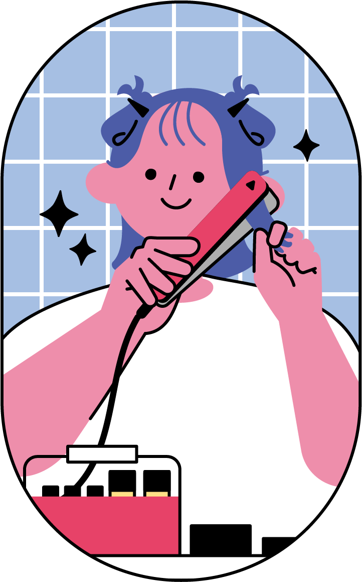 ヘアアイロンで髪をセットする女性のフリーイラスト（カラフル配色・商用可）