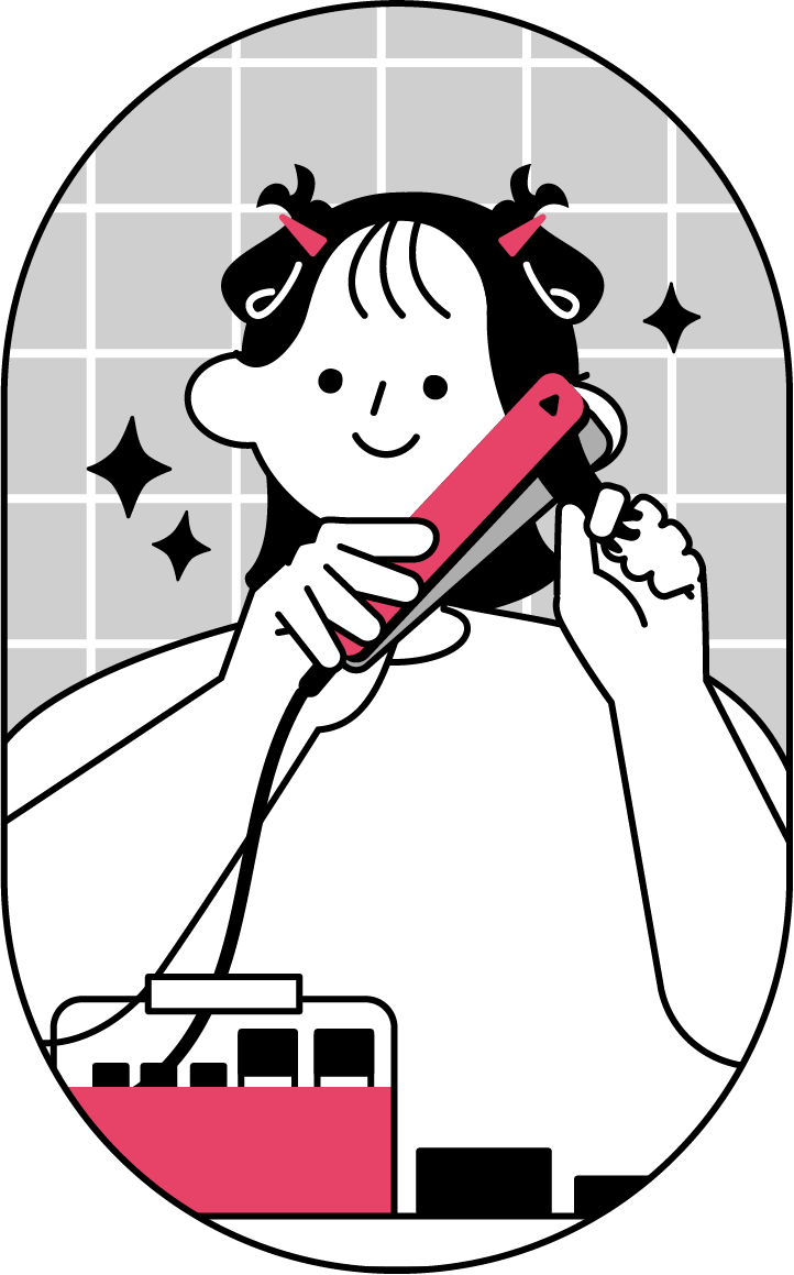 ヘアアイロンで髪をセットする女性のイラスト