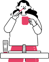 洗面台で歯磨きをする女性のフリーイラスト（シンプル配色・商用可）
