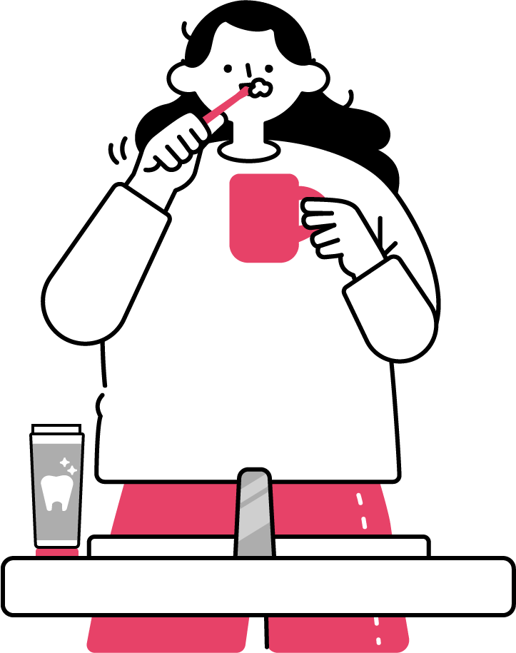 洗面台で歯磨きをする女性のフリーイラスト（シンプル配色・商用可）
