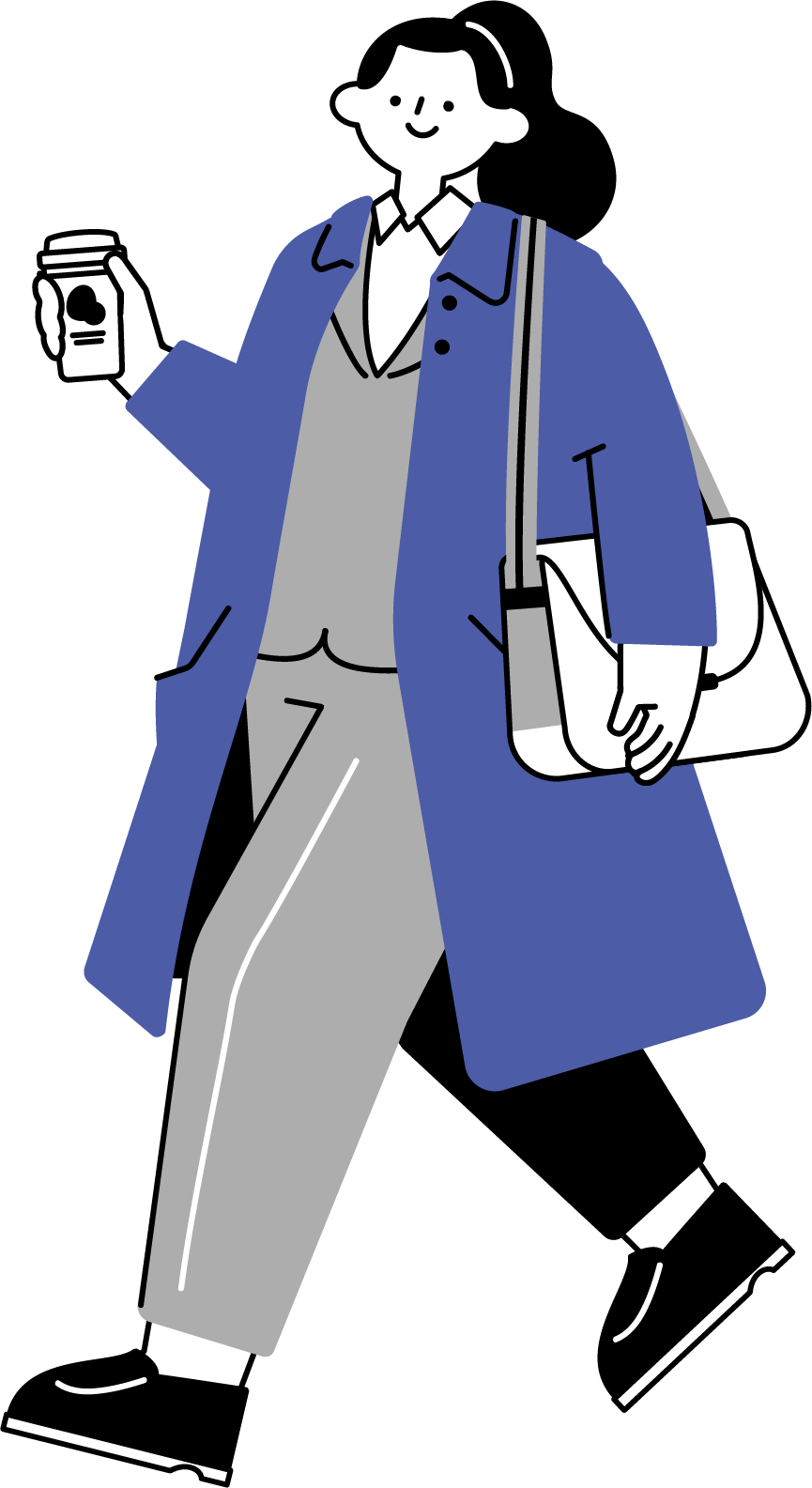 コーヒーを持って出勤する女性のフリーイラスト（カラフル配色・商用可）