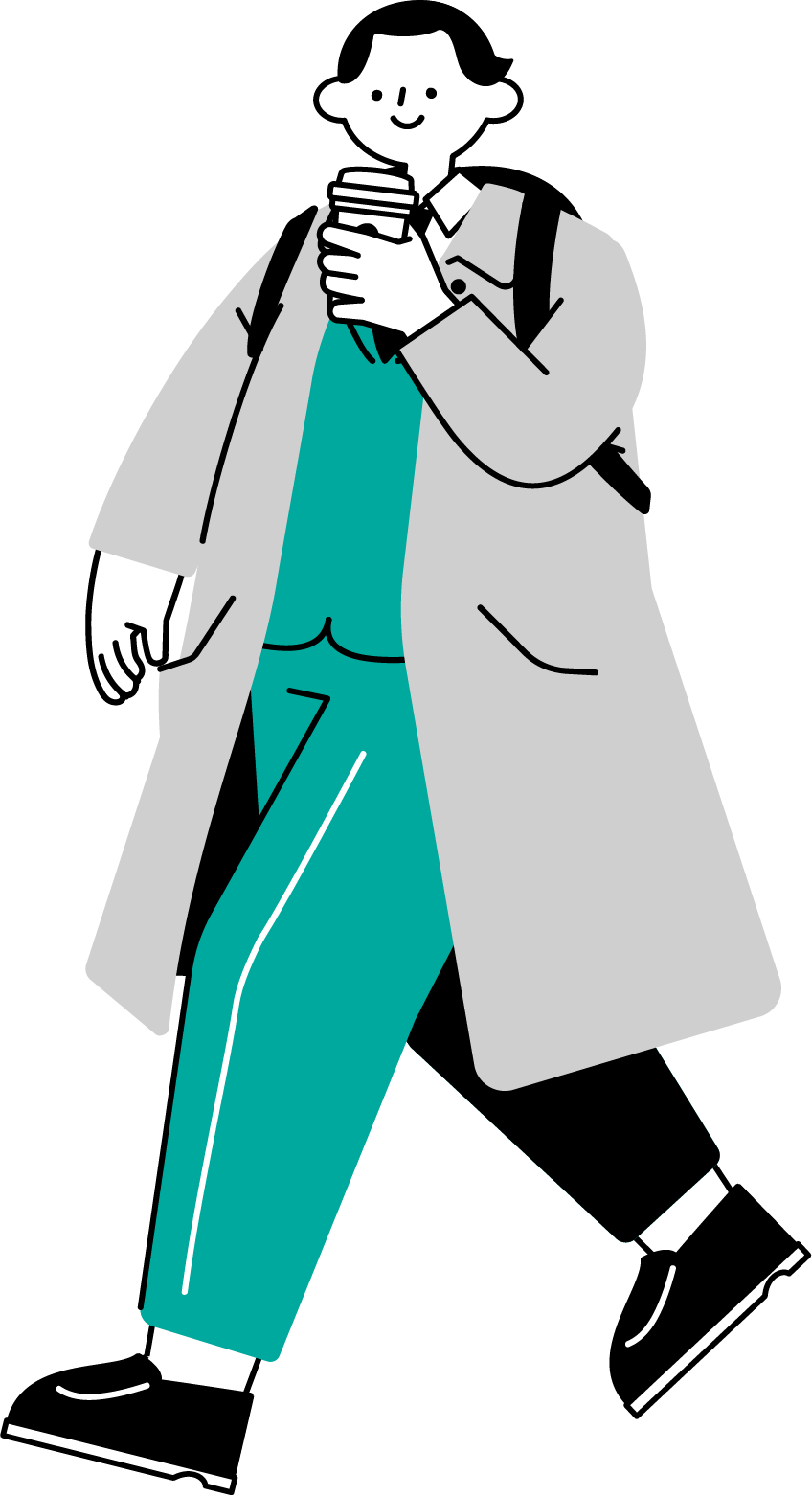 コーヒーを持って出勤する男性のフリーイラスト（シンプル配色・商用可）
