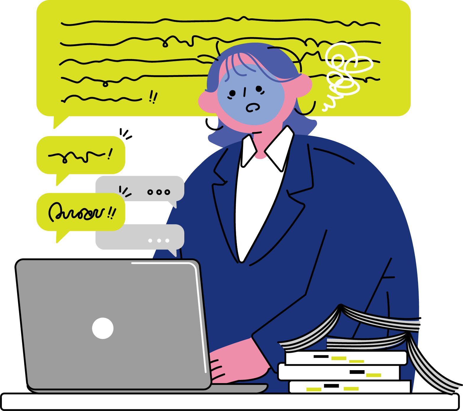 パソコンでのクレーム対応に疲れる女性のフリーイラスト（カラフル配色・商用可）