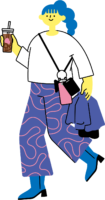 アイスドリンクを持つ私服女性のフリーイラスト（カラフル配色・商用可）