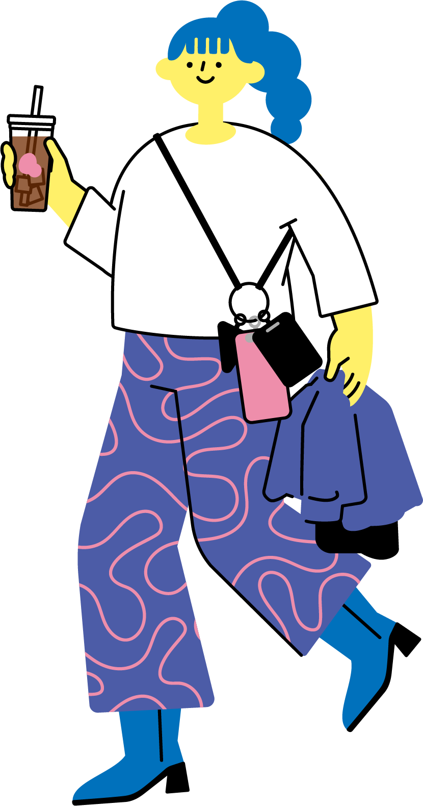 アイスドリンクを持つ私服女性のフリーイラスト（カラフル配色・商用可）