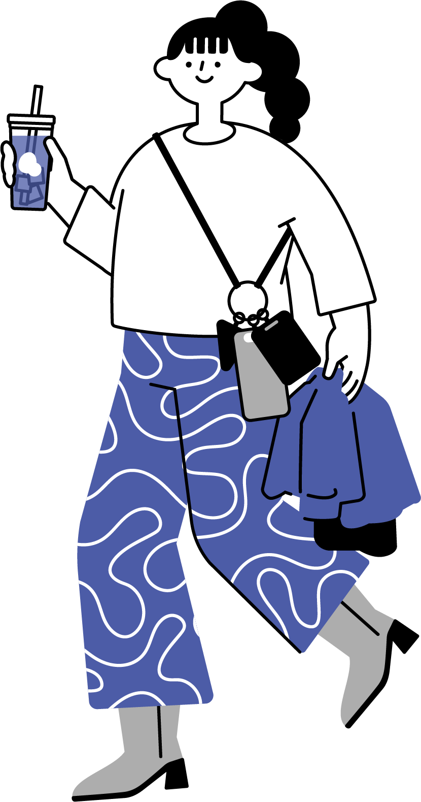 アイスドリンクを持って私服で歩く女性