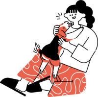 犬とふれあう女性のフリーイラスト（シンプル配色・商用可）