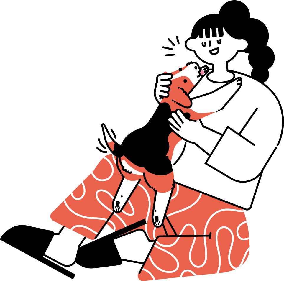犬とふれあう女性のフリーイラスト（シンプル配色・商用可）