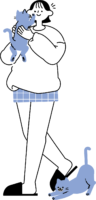 猫とふれあう女性のフリーイラスト（シンプル配色・商用可）