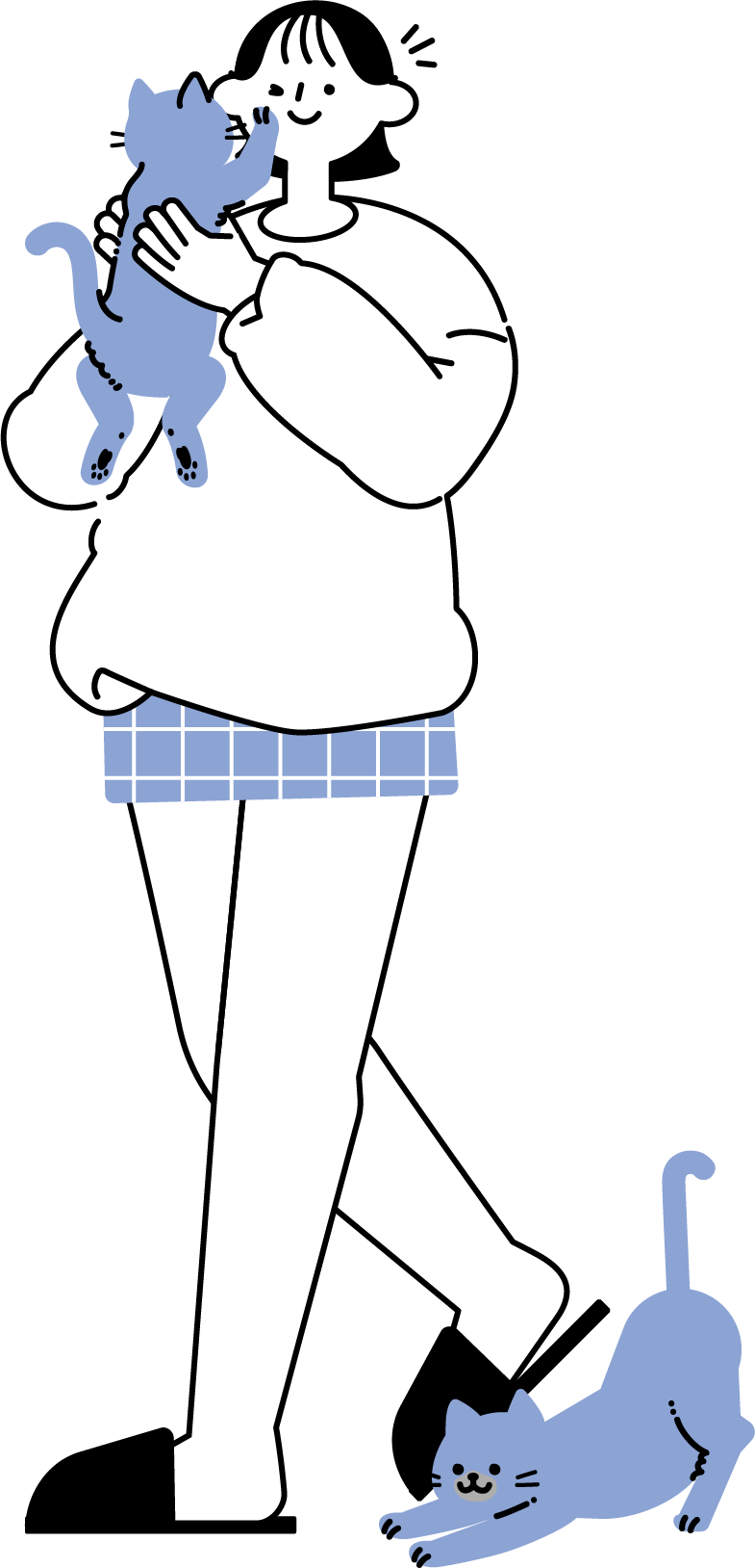 猫とふれあう女性のフリーイラスト（シンプル配色・商用可）